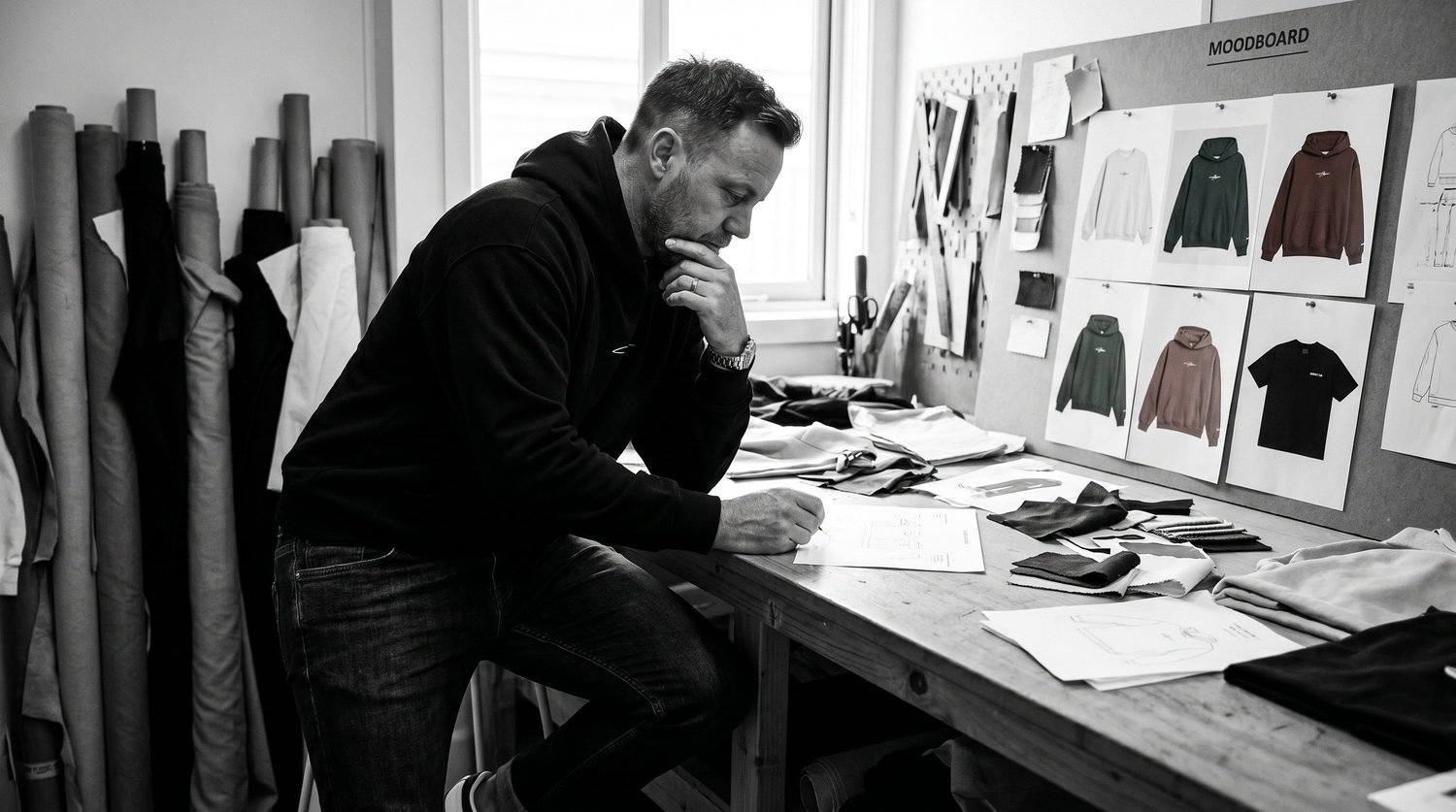 Reviewing fabric and samples in the studio
